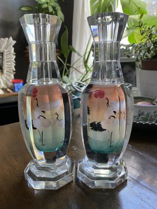 Vintage Chinese Octagonal Inside Painted Crystal Vases Pair Chinoiserie Jacarte