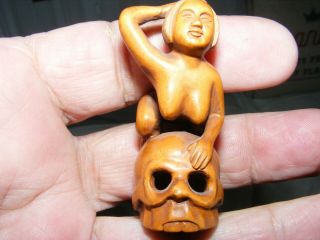 Erotic Netsuke Resin Of Naked Lady On A Human Skull,  Very Rare,  Signed Oriental,
