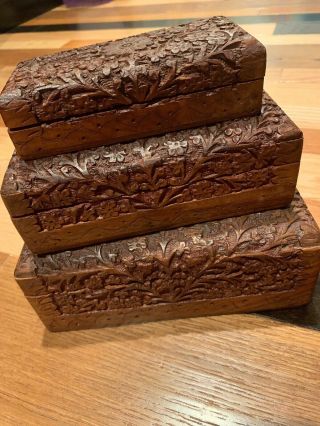 Set Of 3 Vintage Hand Carved Wooden Nesting Boxes Hand Carved In India