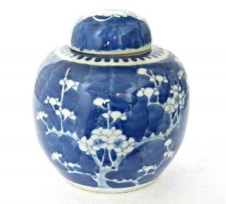 Antique Chinese Blue & White Prunus Ginger Jar,  Kangxi Double Ring Mark,  19th C