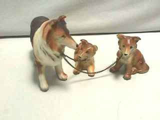 Vintage Japan Porcelain Collie Dog Mom With 2 Pups On Chain Leash