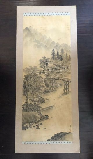 Large Antique Japanese Silk Watercolor Art Painting Signed Mountain Landscape