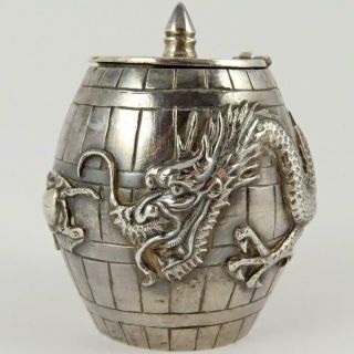 Antique Hung Chong Chinese Export Dragon Barrel Figural Form Silver Mustard Pot