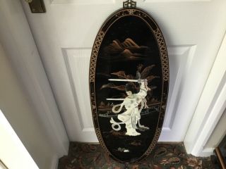 Vintage Oriental Oval Black Laquered Mother Of Pearl Wall Picture