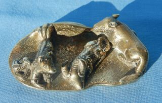 Antique Chinese Bronze Scholars Scroll Weight Water Buffalo Dog Archaic Markings