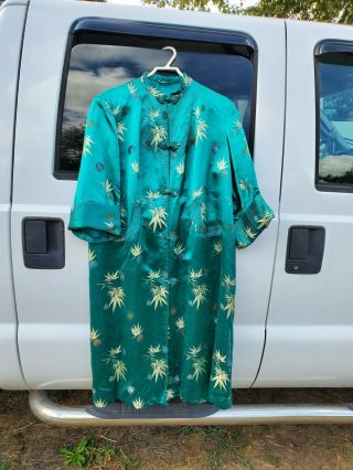 Vintage Green & Gold Chinese 100 Silk Floral Embroidered Robe Duster