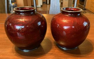 2 Vintage Or Antique Red Signed Ando Cloisonné Vases W/ Silver Rims,  5 "