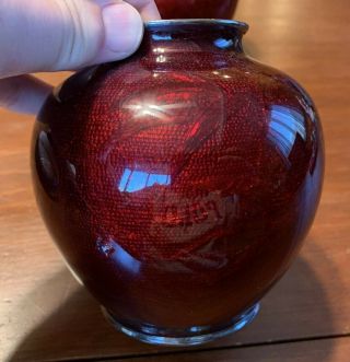 2 Vintage or Antique Red Signed Ando Cloisonné Vases w/ Silver Rims,  5 