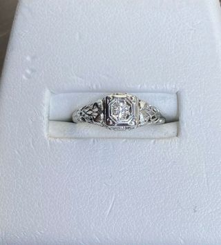 Vintage 18k White Gold Round Cut Diamond Filigree Ring - Size 6
