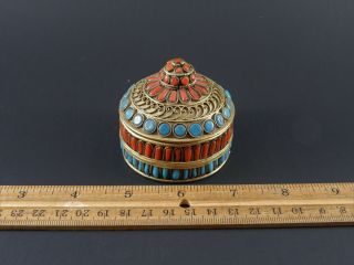 Antique Or Vintage Chinese Sino Tibetan Coral Turquoise Brass Amulet Prayer Box
