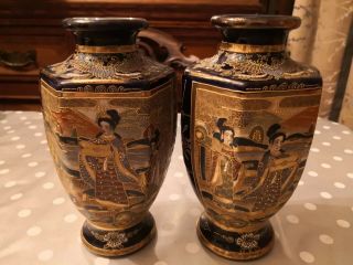 Japanese Satsuma Vases 6 Sided And Signed Cobolt Blue And Gold