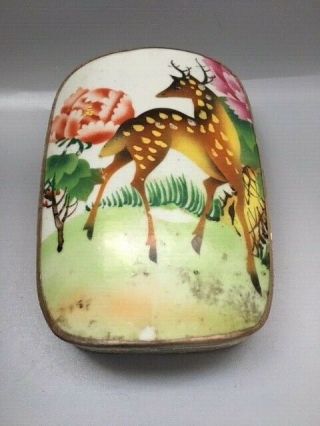 Antique Chinese Polychrome Porcelain Shard Silver Plated Box With Deer And Peony