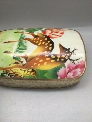 Antique Chinese Polychrome Porcelain Shard Silver Plated Box with Deer and Peony 2