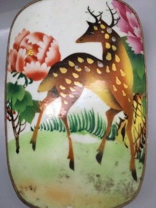 Antique Chinese Polychrome Porcelain Shard Silver Plated Box with Deer and Peony 3