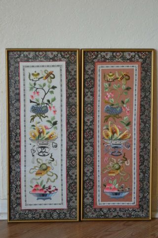Antique Chinese Framed Silk Embroidery Textile Tapestry Panels