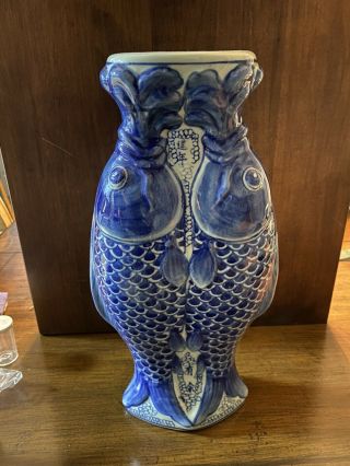Double Koi/carp Fish Porcelain Vase Tall Blue & White