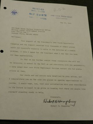 Hubert Humphrey Vice President 1966 Signed Letter To Aec/nasa Snpo Jackass Flats