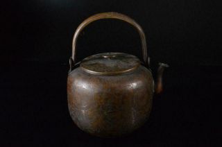 X8118: Japanese Xf Old Copper Flower Family Crest Sculpture Bottle Teapot Dobin