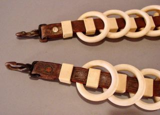 PAIR ANTIQUE HORSE REIN HARNESS CELLULOID LEATHER SPREADER RINGS 3