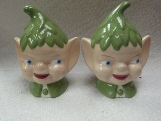 Elf Pixie Heads Salt And Pepper Shakers Green Hats,  Christmas?