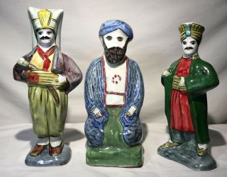 Vintage Set 3 Hand Painted Signed Majolica Wisemen Arabic Figurines