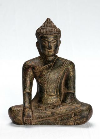 Antique Khmer Style Wood Seated Buddha Statue Enlightenment Mudra - 19cm/8 "