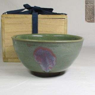 A345: Antique Japanese Kosobe - Yaki Pottery Matcha Tea Bowl Green Glazed Chawan