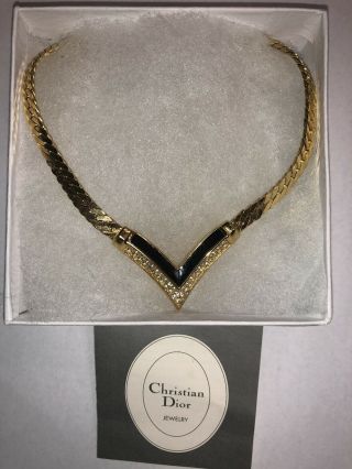 Christian Dior Signed Vintage Collar Necklace Chain Rhinestone Crystal V Bin4
