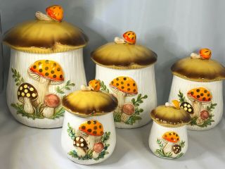 Merry Mushroom 5 Canister Set 1976/1978 Sears Roebuck And Co Vintage 70s