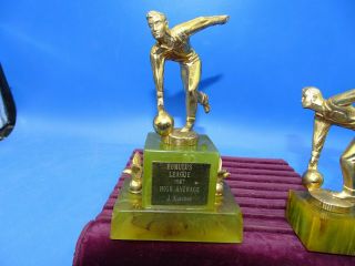 2 Vintage 1950 ' s Bowling Trophy Solid Base Celluloid,  Bakelite,  Lucite ? 2