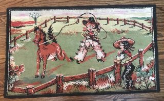 1950s Antique Vintage Mid Century Country Western Cowboy Horse Green Cartoon Rug