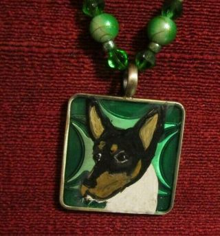 Rat Terrier Hand - Painted On A Square,  Metal Pendant With A Green Insert/necklace