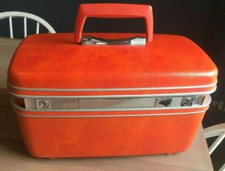 Vintage Samsonite Train Case Orange Make - Up Beauty Train Case W/ Mirror