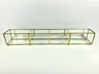 Vintage Mid Century Glass Mirror Brass Metal Long Horizontal Curio Cabinet Shelf