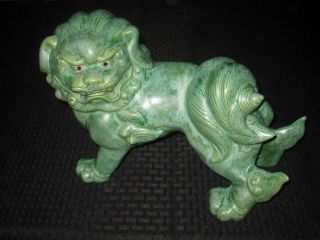 Large Vintage Antique Green W Ruby? Eyes Chinese Asian Ceramic Foo Dog Fu Lions