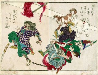 Kyosai Japanese Color Woodblock Print " Night Watchmen & Barking Dogs "