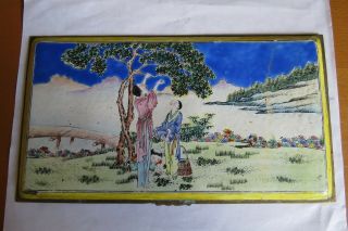 Antique Chinese Canton Enamel On Copper Family People And Tree Painting