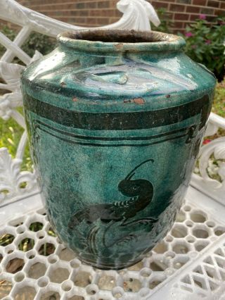 Rare Large Antique 19th Century Chinese Cizhou Turquoise Pottery Vase Vessel