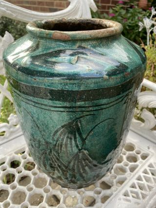 RARE LARGE Antique 19th Century Chinese Cizhou Turquoise Pottery Vase Vessel 2