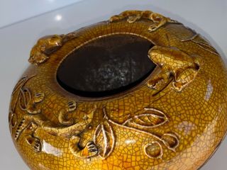 Very Rare And Unusual Large Chinese Antique Bowl Crackle Glaze Dragon Toad