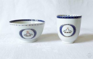 Antique Mid 18th Century Chinese Armorial Porcelain Tea Bowl And Coffee Can