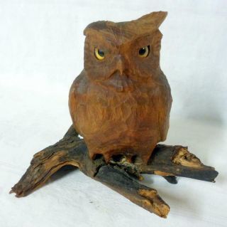 Folk Art Hand Carved Wood Carving Glass Eye Owl Sculpture Figurine