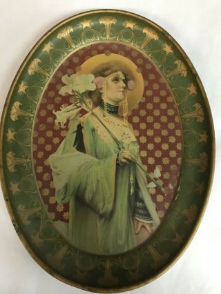 Vintage 1910 - 1915 Art Nouveau Tin Litho Haunting Lady With Lilly Oval Tray