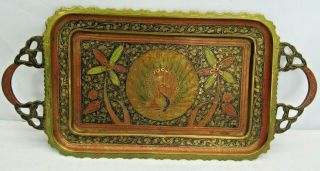 Vintage India Brass Hand Carving Peacock Flower Figure Painted Tray Plate
