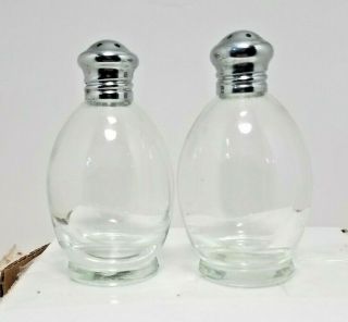 Vintage Clear Glass Tin Silver Tops Salt And Pepper Shakers 3 Inch Tall Oval
