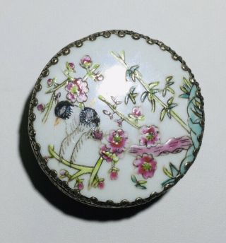 Vintage Chinese White Hand Painted Porcelain Trinket Box Silver Plated Stash Tin