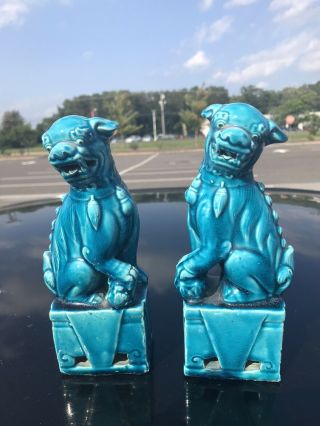 Pair Vintage Chinese Turquoise Blue Glazed Ceramic Foo Dog Sculptures 7”