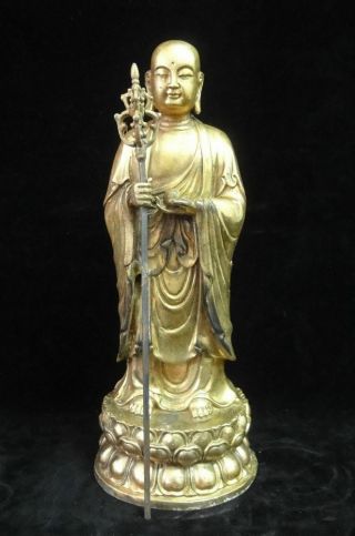 Large Chinese Old Gilt Bronze " The King Of Inferno " Buddha Statue Sculpture
