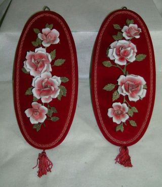 2 Vintage Capodimonte Porcelain Flowers Velvet Wall Plaques Red Pair Roses 16 "