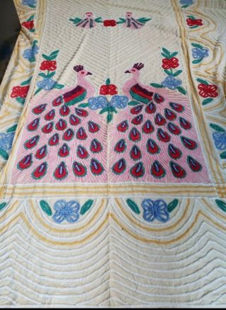 1950s Vintage Mid Century Chenille Double Peacock Bedspread Queen Size